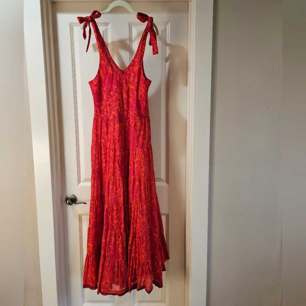Free People Kikas Printed Midi Dress Cotton Ruffle Tiers Floral Sm Tangerine EUC - Picture 2 of 15
